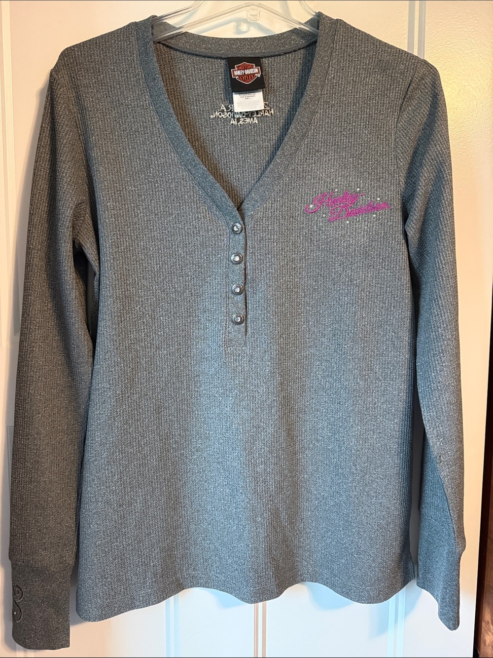 Harley-Davidson Gray V-Neck Henley Sweater with Pink Logo